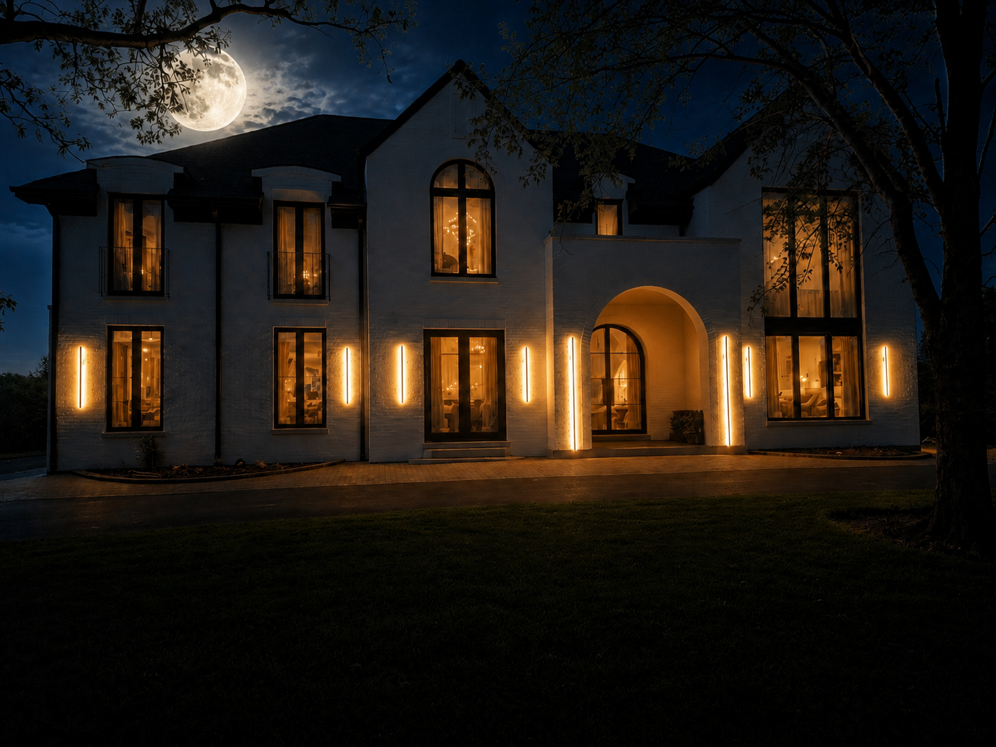 The Moonlight Mystery Mansion at night, its windows lit beneath a full moon
